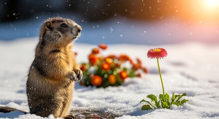 Groundhog standing in snow with flowers and sunrise background