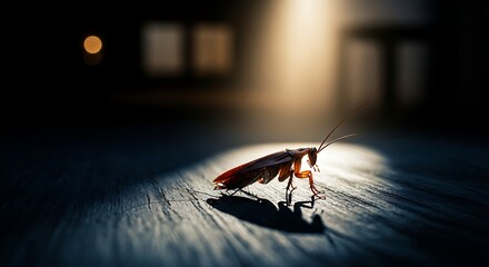 Cockroach in a dark room lit by a single beam of light