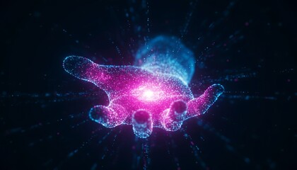 Glowing hand with neon light effects and dark background