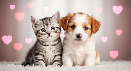 Adorable kitten and puppy friends surrounded by hearts