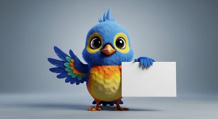A colorful cartoon bird holding a blank white sign in its hand