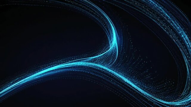 This abstract image features a dynamic, curved stream of neon blue light lines against a dark background.