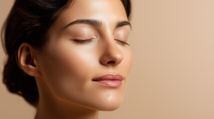 Fototapeta premium Beautiful woman with flawless skin and closed eyes in a natural beauty portrait on beige background. 