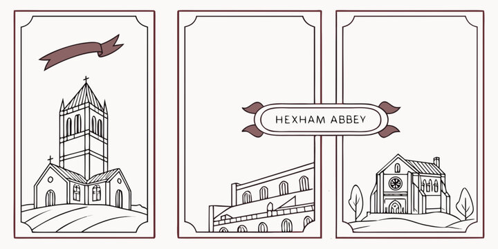 Hexham Abbey Illustration Set &ndash; Historic Architecture Triptych with Cloister, Tower & Arched Landmark Designs in Vintage Maroon Palette, UK