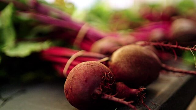 Close up on some radishes lined up in a row. Dallas, Texas.