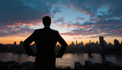 Fototapeta premium A confident businessman standing with hands on hips looking at a modern city skyline during a beautiful golden sunset