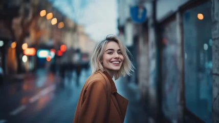 Foto auf Acrylglas Milaan portrait of attractive blond smiling happy woman walking in street in autumn style fashion outfit wearing coat  © mary_markevich