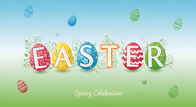 Colorful easter eggs and text on a green and blue gradient background with a spring celebration theme easter