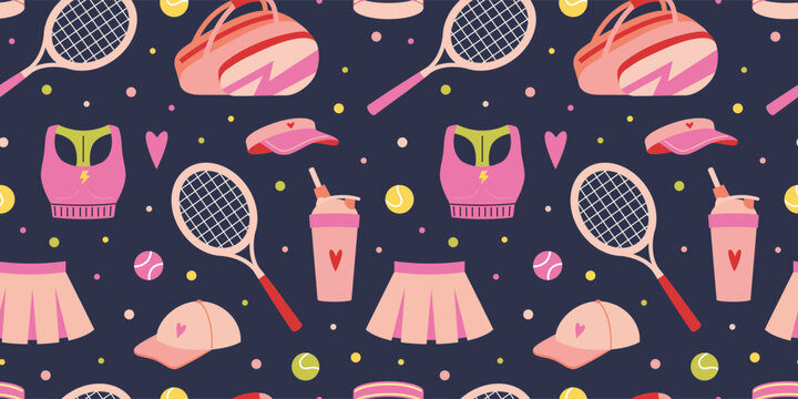 Seamless pattern with women sport and tennis items including racket and sportswear. Active lifestyle and fitness concept. Trendy modern vector illustration on dark background, hand drawn, flat