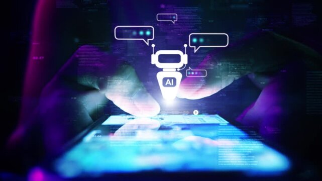 woman interacting with AI assistant chatbot on smartphone defocused digital interface background code screen visible artificial intelligence conversation virtual  assistant, ai, smartphone
