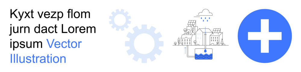 Obraz premium Healthcare, urban planning, environment, technology, climate change, innovation. Blue cross, gears and cityscape with raincloud elements. Healthcare and urban planning concept