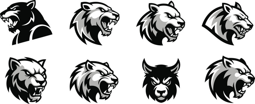 Set of Eight Ferocious Animal Head Icons with Bared Teeth vector