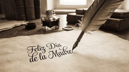 Sepia still life of quill pen with ink bottle and blank paper, vintage writing desk for Mother's Day greeting card or poster