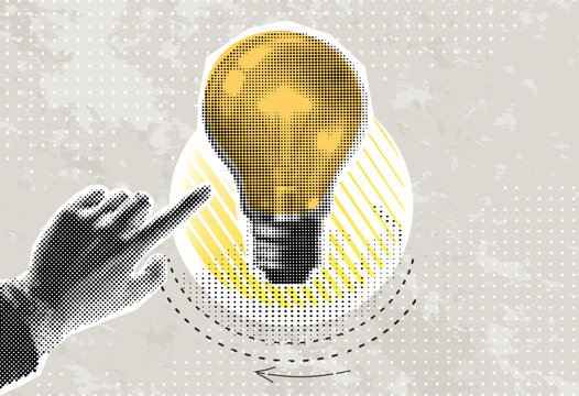 Trendy halftone collage banner hand and lightbulb. Concept of creative idea or brainstorm. Contemporary vector illustration	