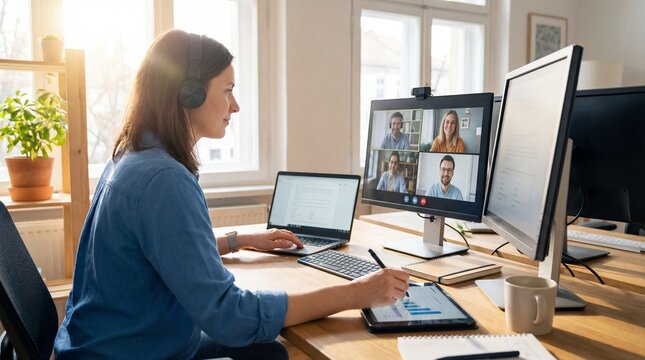 Remote worker on video call with colleagues on multiple monitors, laptop and digital tablet, in modern home office with natural light