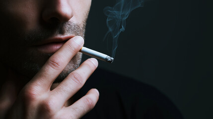 Obraz premium Close-up of man smoking cigarette with visible smoke, highlighting addiction and unhealthy lifestyle concept. 