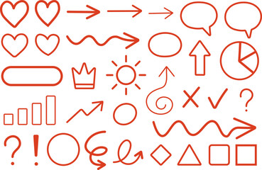 Hand drawn red doodle icons and symbols set with arrows shapes and UI elements
