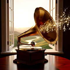 old gramophone on the background of the wall
