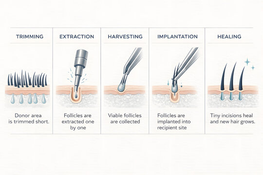 Hair transplant process showing trimming extraction harvesting implantation and healing stages with detailed follicle treatment and hair growth