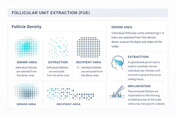 Obraz premium Follicular unit extraction process showing donor and recipient area follicle density with extraction and implantation steps explained clearly