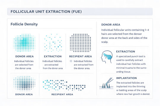 Follicular unit extraction process showing donor and recipient area follicle density with extraction and implantation steps explained clearly