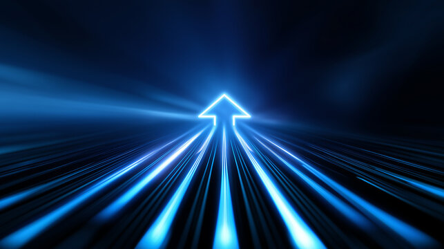 Glowing blue arrow moving forward in digital light trail, symbolizing growth and business progress.
