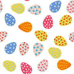 Seamless pattern with Easter eggs, cute patterned eggs with polka dots and stripes