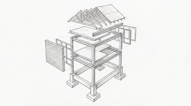 Exploded-view pencil sketch of building structure components on white background