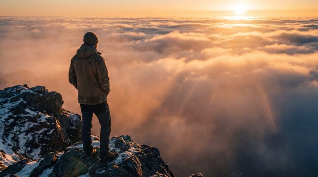 Man standing on mountain peak above clouds at sunrise or sunset for inspirational or travel website, isolated figure on rocky outcrop