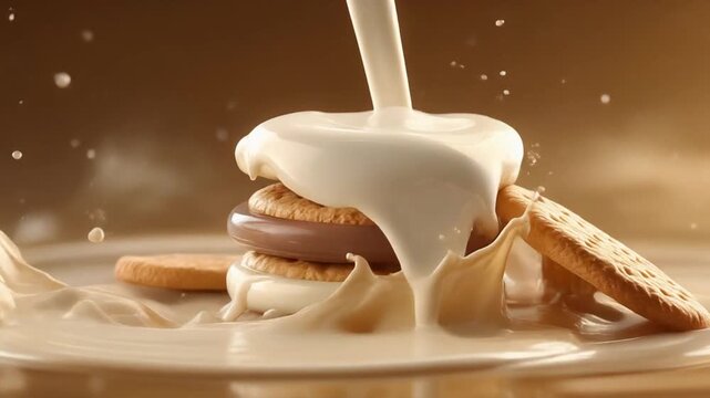A stack of biscuits layered with cream and chocolate, being drizzled with a flowing splash of milk