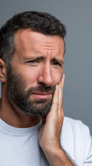 Obraz premium Close-up portrait of a man touching his cheek with a painful expression, suggesting toothache or jaw pain. 