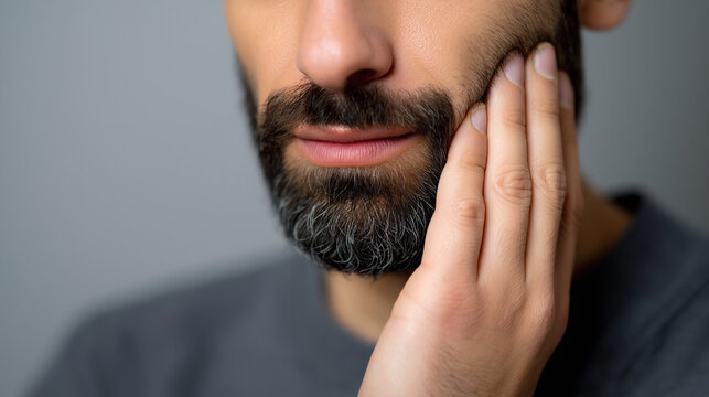 Close-up portrait of a man touching his cheek with a painful expression, suggesting toothache or jaw pain.
