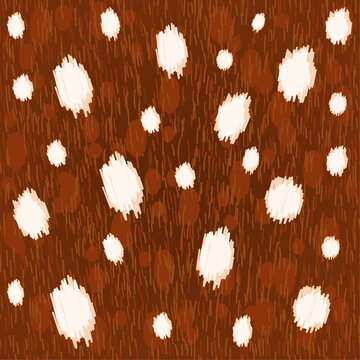 Seamless deer fur pattern with white spots on brown. Realistic animal hide texture for wildlife textile design. Editable vector illustration.