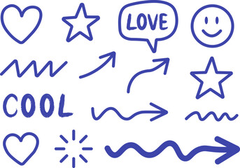 Hand Drawn Doodle Icons Set with Hearts, Stars, Arrows, Speech Bubble and Fun Sketch Elements
