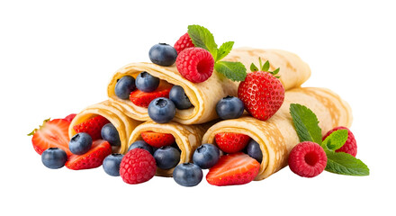 Obraz premium A delectable stack of rolled crepes filled with fresh blueberries, strawberries, and raspberries, topped with mint.