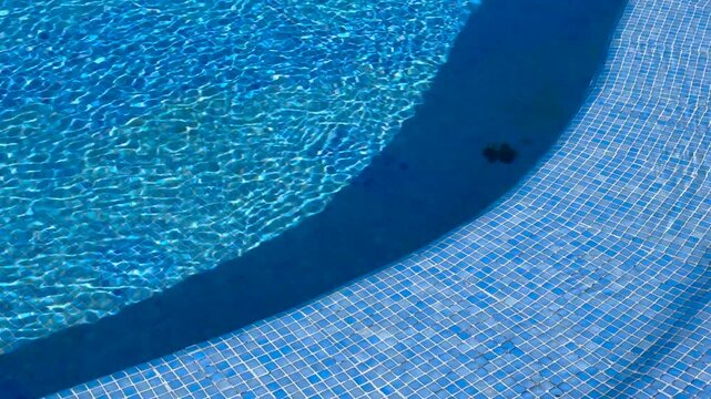 Curved mosaic tiled steps as entrance in a swimming pool with clean fresh blue water on bright summer day