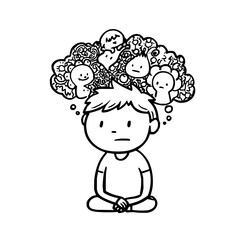 Obraz premium Boy with Multiple Faces in Thought Bubble, Symbolizing Confusion