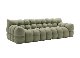 Obraz premium a modern, plush, olive-green sofa with a quilted, tufted design, featuring thick, rounded cushions and a low, rectangular frame