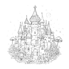 Fototapeta premium Fantasy Castle with Spires and Mushrooms in Forest