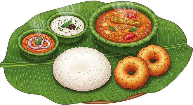 Traditional South Indian breakfast meal presented on a large green leaf with steaming accompaniments