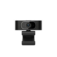 A sleek black webcam on a transparent background, perfect for video conferencing and online meetings