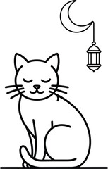 Black line drawing cat sitting under moon and lantern