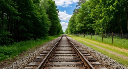 Fototapeta premium Railway tracks leading through a lush forest on a sunny day