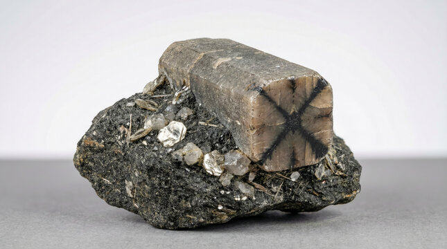 A specimen of chiastolite - a variety of andalusite with carbonaceous inclusions that form a cross-shaped internal structure within the crystal.