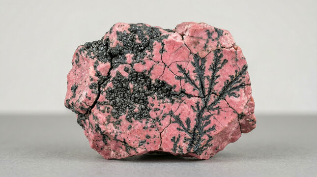 Black granular braunite aggregate with dendritic patterns on a pink rhodonite matrix.