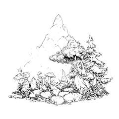 Mountain Landscape with Trees and Mushrooms Illustration