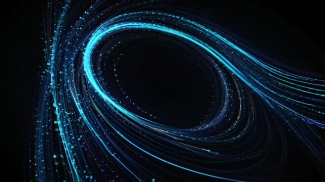 This abstract image features blue optical fibers or lines of light that form a dynamic circular vortex.