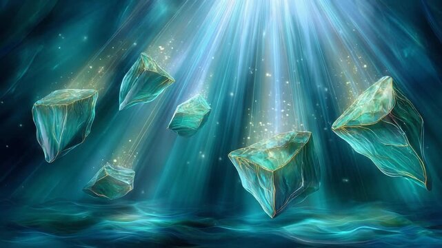 Glowing ethereal cubes floating in a blue aquatic environment with light rays