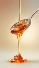 Golden Syrup Dripping from Spoon on Soft Ivory Gradient Background