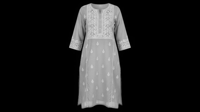 A long, light blue dress with white embroidery on transparent background